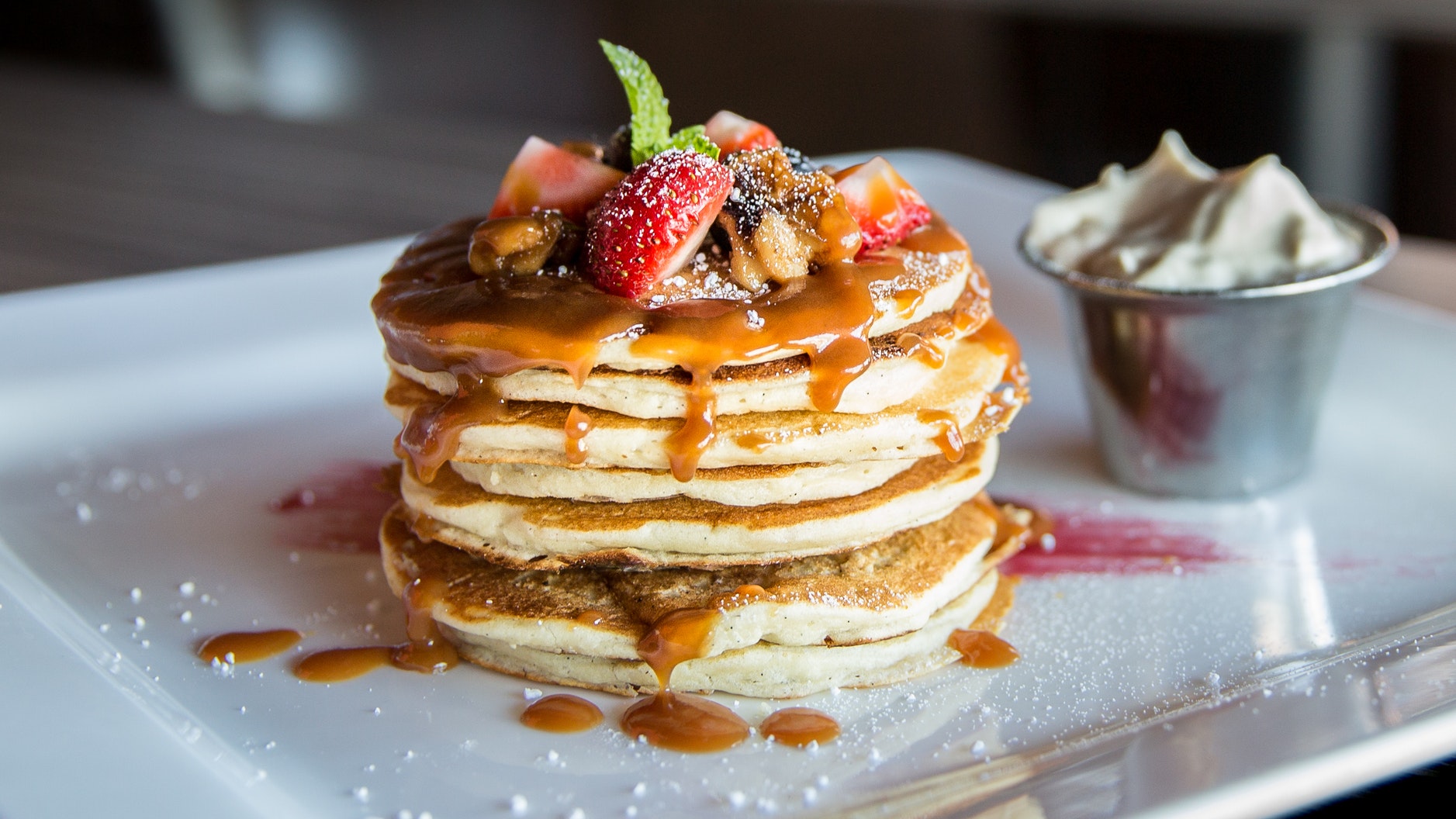 close up pancake stack berries